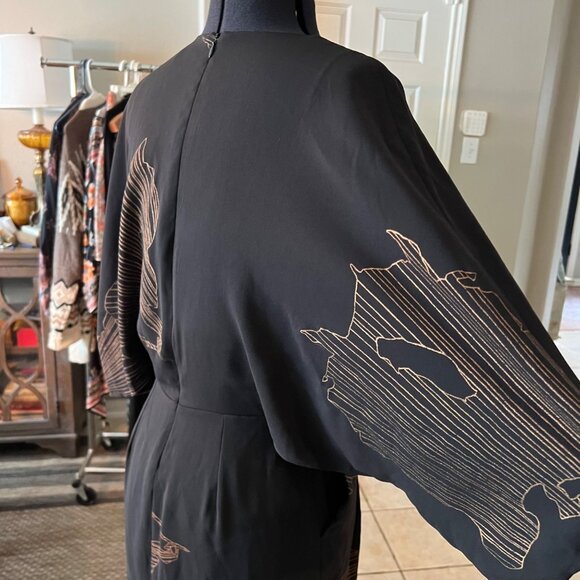 Halston Heritage Black & Gold Kimono Sleeve Mini Dress With Abstract Print Size - Picture 11 of 14